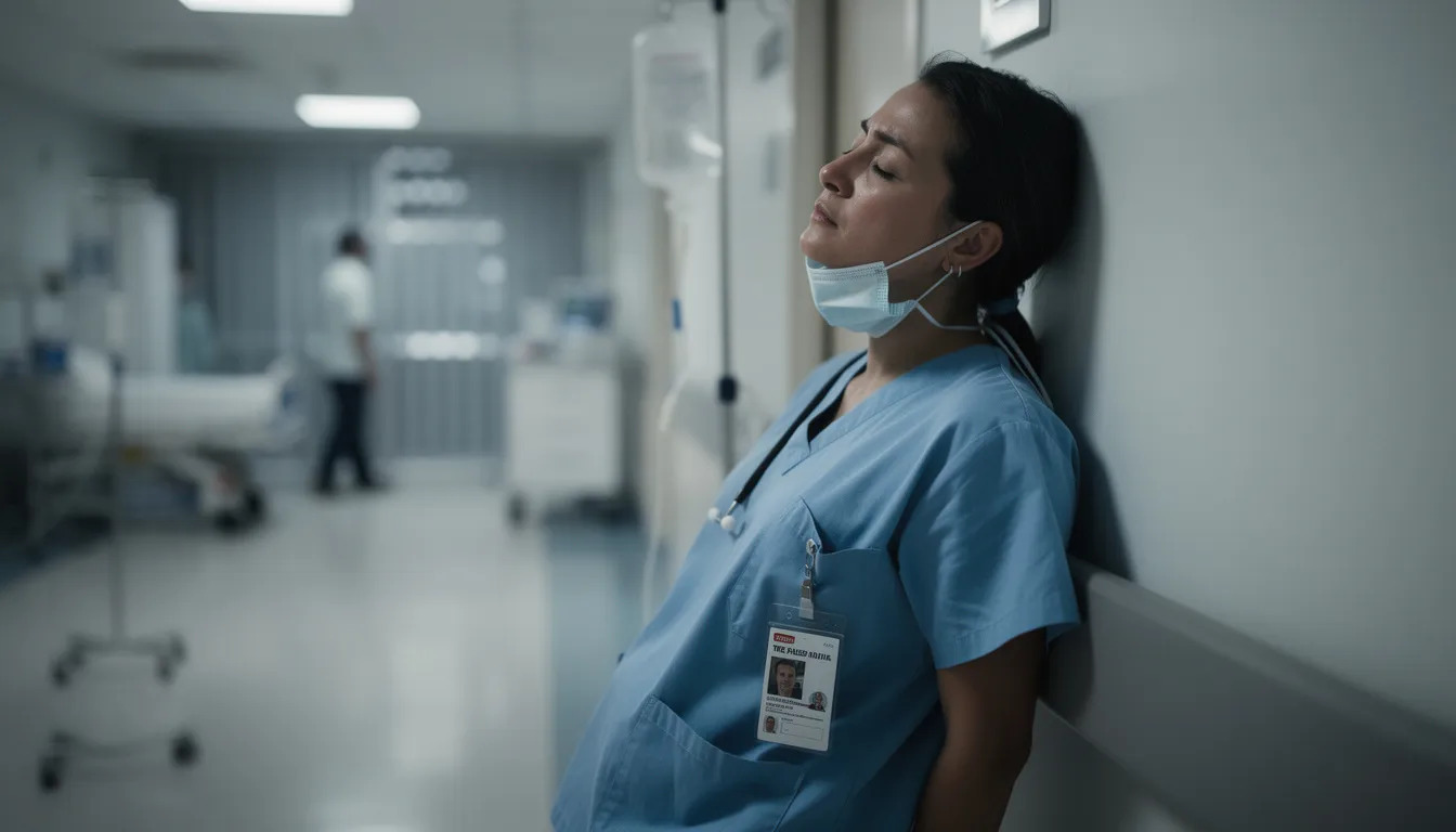 A healthcare professional appears visibly exhausted, leaning against a wall in a hospital setting, reflecting the mental exhaustion caused by chronic stress and the demanding nature of their job. This image highlights the symptoms of burnout, as the individual seems drained and overwhelmed by their responsibilities in everyday life.