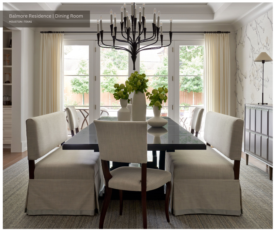 a beige and white dining room with black metal detailing