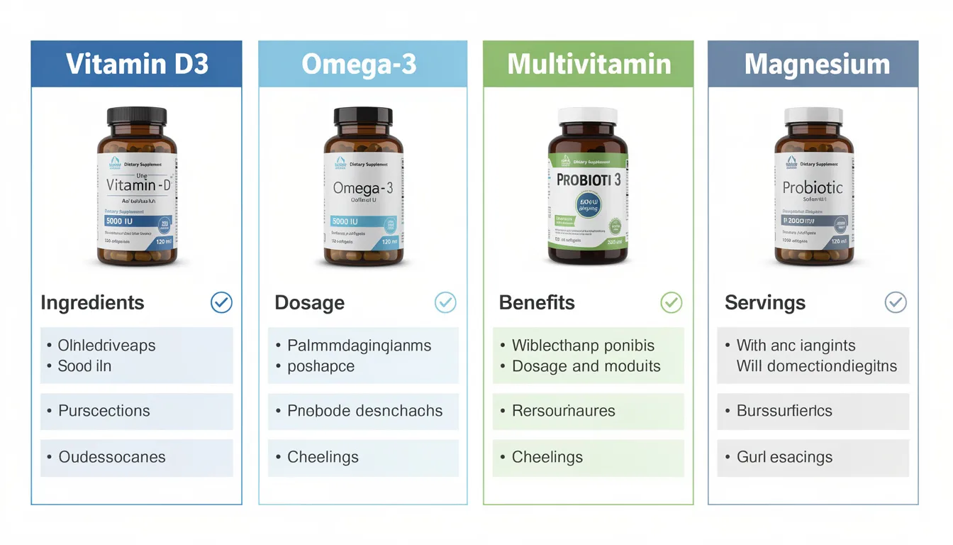 The image features a comparison chart displaying various supplement bottles, highlighting their benefits such as naturally producing testosterone and strengthening the immune system. Each product is rated, with some noted for their specific formulations like testosterone boosters and green superfood powders, providing consumers with a clear overview of options for health and wellness.