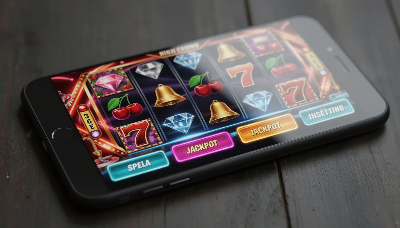 En smartphone visar ett färgglatt gränssnitt för ett online casino, där olika spel som slots och roulette presenteras. Användare kan hitta erbjudanden om free spins och bonusar hos Rizk, vilket gör det enkelt att spela och vinna pengar.