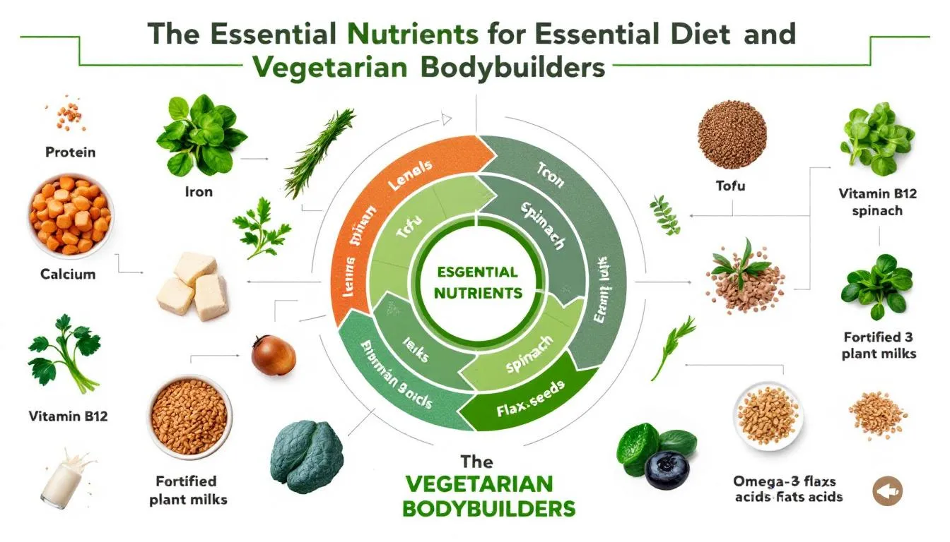 In the image, a diverse array of plant-based foods is displayed, including legumes, whole grains, and nuts, emphasizing essential nutrients for vegetarian bodybuilders. These foods are rich in essential amino acids and vitamins, showcasing how a vegan diet can support muscle growth and recovery through quality protein sources and dietary supplements.