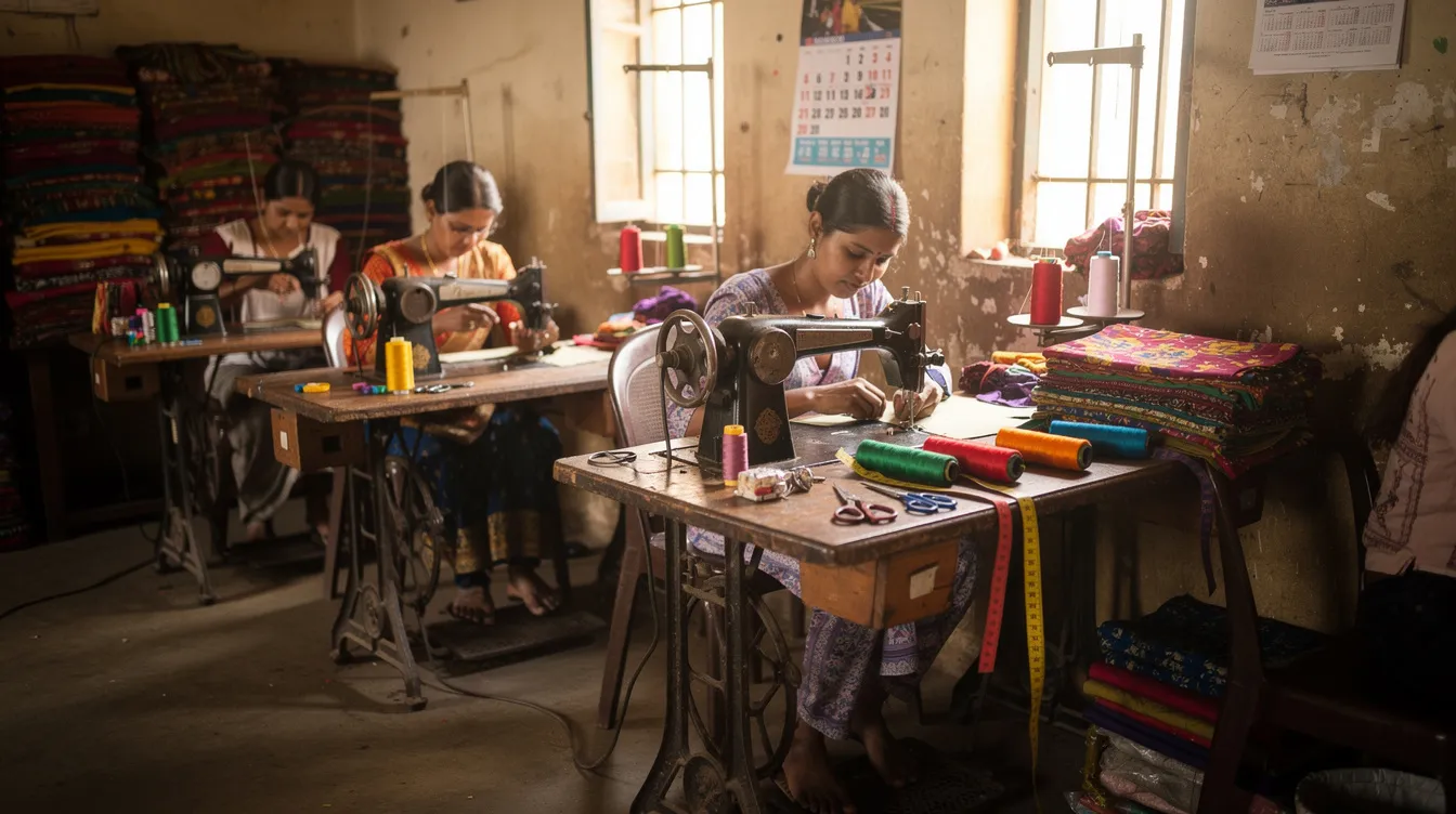 9a7f738b af2a 4fd8 974e 74e9d05a2c62 The image depicts a small Indian business workshop filled with several sewing machines and colorful rolls of fabric, showcasing a vibrant atmosphere of creativity and craftsmanship. This setting highlights the importance of financial opportunities for small businesses, where proper credit information and a good cibil score can significantly impact their growth and success.