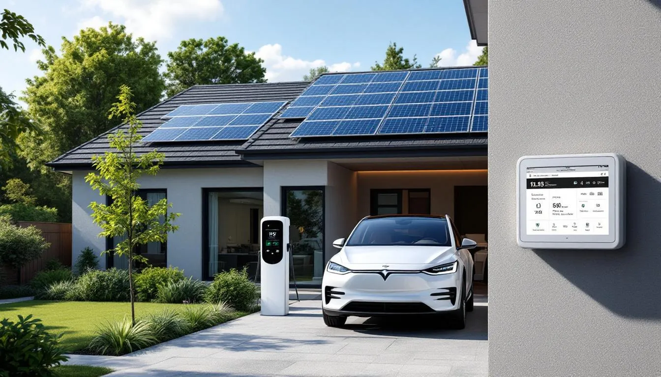 The image depicts a modern smart home in India equipped with solar panels on the roof, an electric vehicle charging station in the driveway, and a digital energy management display inside, showcasing the home's commitment to sustainable energy and efficient energy management. This setup highlights the benefits of both on grid and off grid solar systems, emphasizing energy independence and reduced electricity bills.