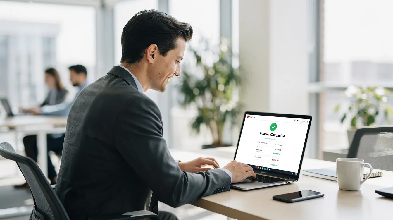 A young professional is seated at a bright office desk, intently checking a money transfer confirmation on their laptop. The scene conveys a sense of efficiency and focus, highlighting the importance of secure and fast money transfers, possibly using an ace money transfer promo code for added benefits.