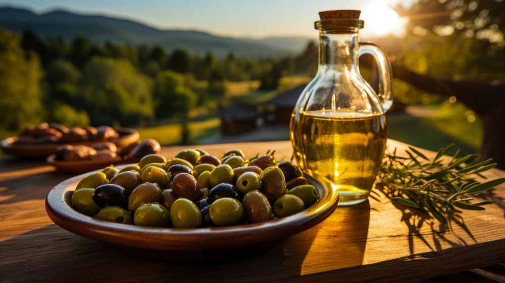 Eine Karaffe Olivenöl steht bei Sonnenuntergang draußen auf einem Holztisch