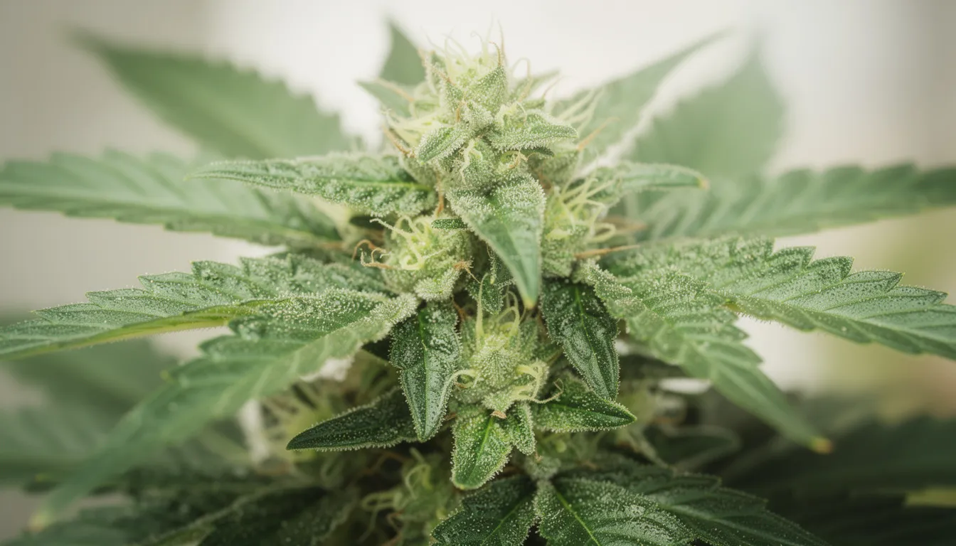 Die Nahaufnahme zeigt eine blühende Cannabispflanze mit saftig grünen Blättern und harzigen Blüten, die reich an Cannabinoiden sind. Diese Pflanze ist bekannt für ihre psychoaktiven Eigenschaften und die möglichen Auswirkungen von THC und anderen Cannabinoiden auf das Endocannabinoid-System.