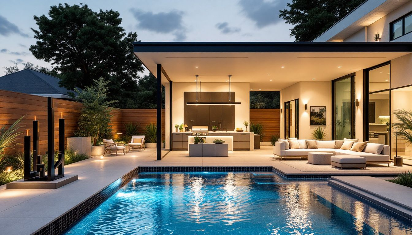 A serene backyard featuring a beautifully designed fiberglass pool.