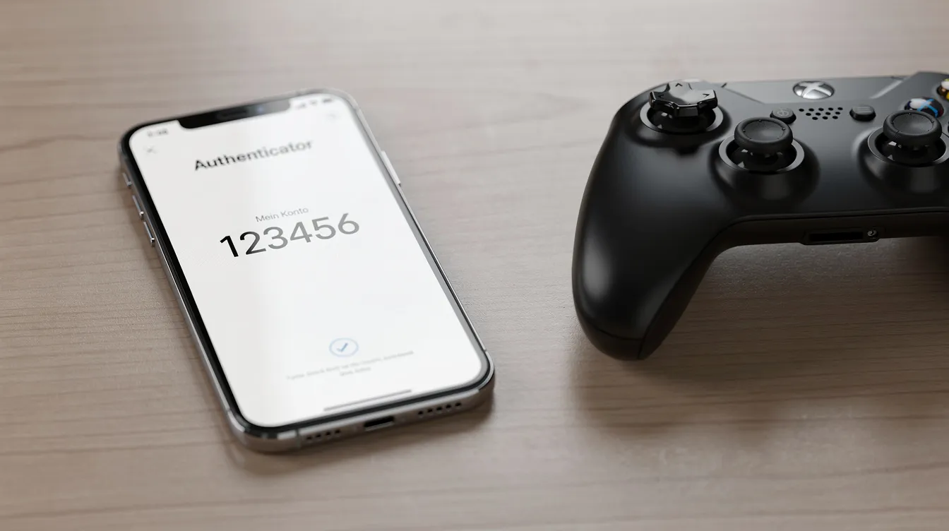 Das Bild zeigt ein Smartphone mit einer geöffneten Authenticator-App, die einen sechsstelligen Code anzeigt, während daneben ein Gaming-Controller liegt. Diese Kombination könnte für Spieler von Call of Duty Black Ops nützlich sein, um sich sicher in ihrem Activision-Konto anzumelden.