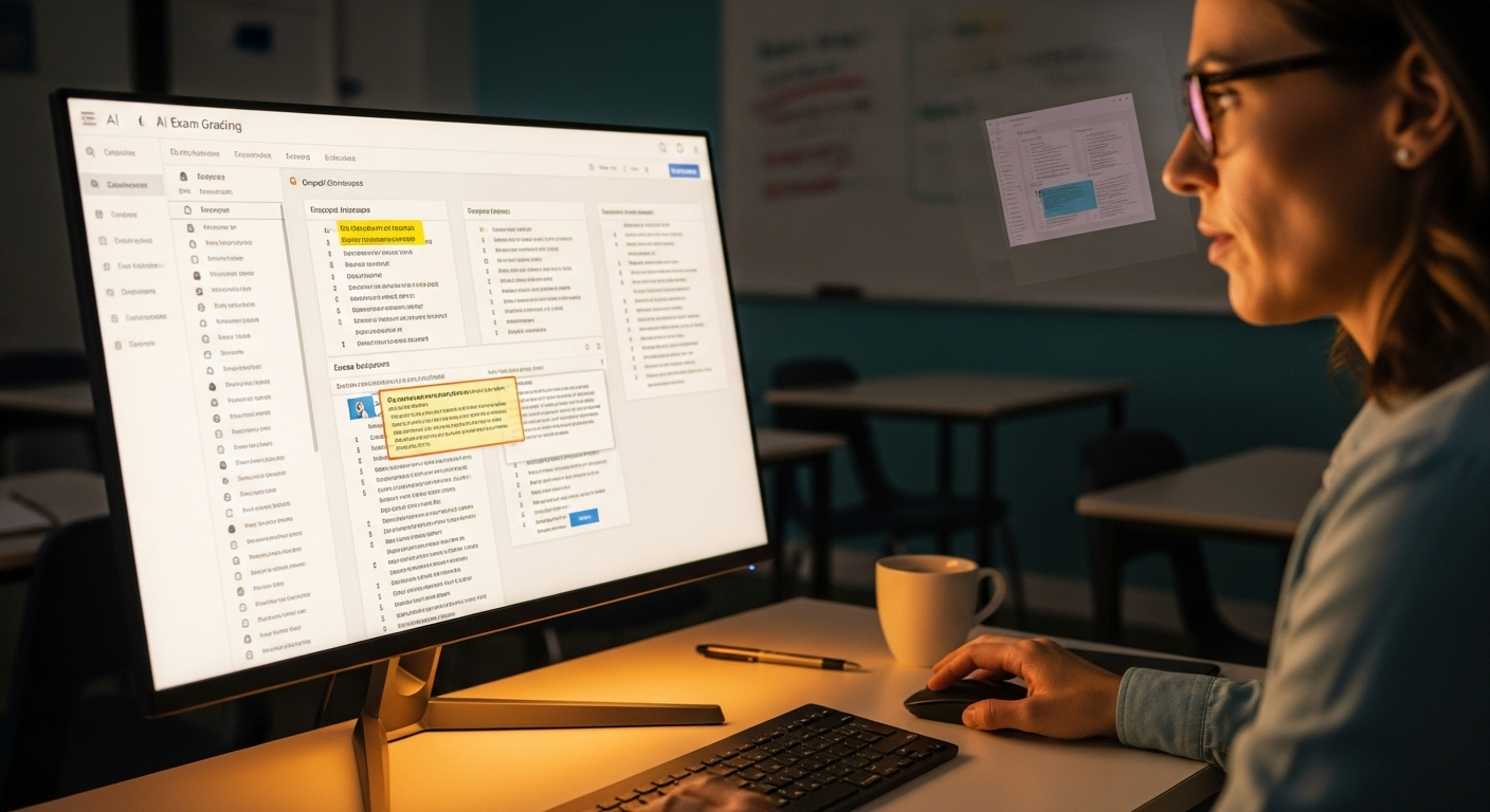 Teacher reviewing AI-grouped student exam responses on a grading dashboard, highlighting human-in-the-loop AI-assisted grading