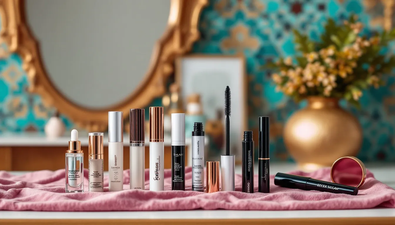 The image features a stylish vanity table adorned with a lineup of various eyelash serums and mascaras, set against a backdrop of intricate Middle Eastern design elements. This visually appealing arrangement showcases products aimed at promoting healthy lash growth and fuller lashes, ideal for enhancing natural lashes.