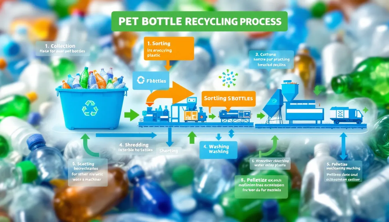 An overview of PET bottle recycling process with various plastic bottles in the background.