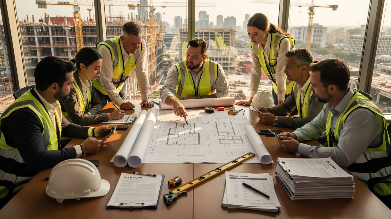 A team of construction professionals is gathered around a conference table, intently reviewing blueprints and documents related to public construction projects. They are discussing important details such as prevailing wage rates and compliance with the Davis-Bacon Act, ensuring that all necessary provisions and regulations are understood for the successful execution of their construction work.