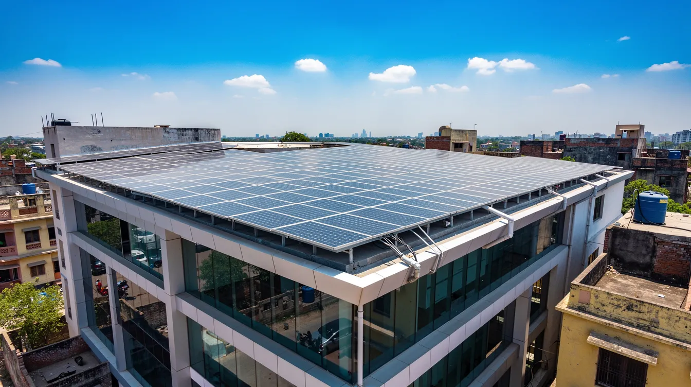 9a8c60fa 6138 4032 aa5f 30a7fbd98bbb The image shows solar panels installed on the rooftop of a commercial building in India, set against a clear blue sky. This eco-friendly initiative represents a profitable business idea, highlighting the growing demand for renewable energy solutions in urban areas.