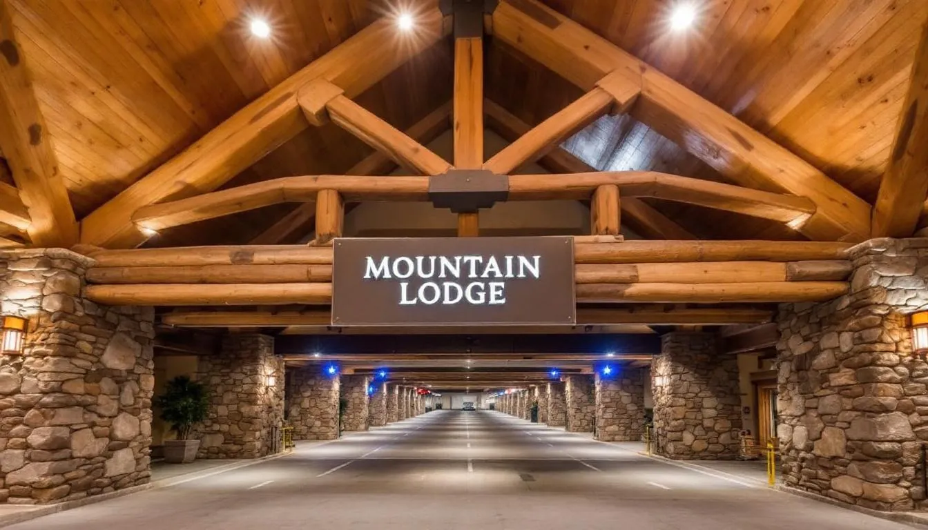 The image depicts the entrance to an underground parking garage featuring clear signage, designed with mountain lodge architecture that reflects the style of the Cedar Breaks Lodge in Brian Head, Utah. This inviting entrance provides easy access for guests visiting the nearby Brian Head Ski Resort and Cedar Breaks National Monument.