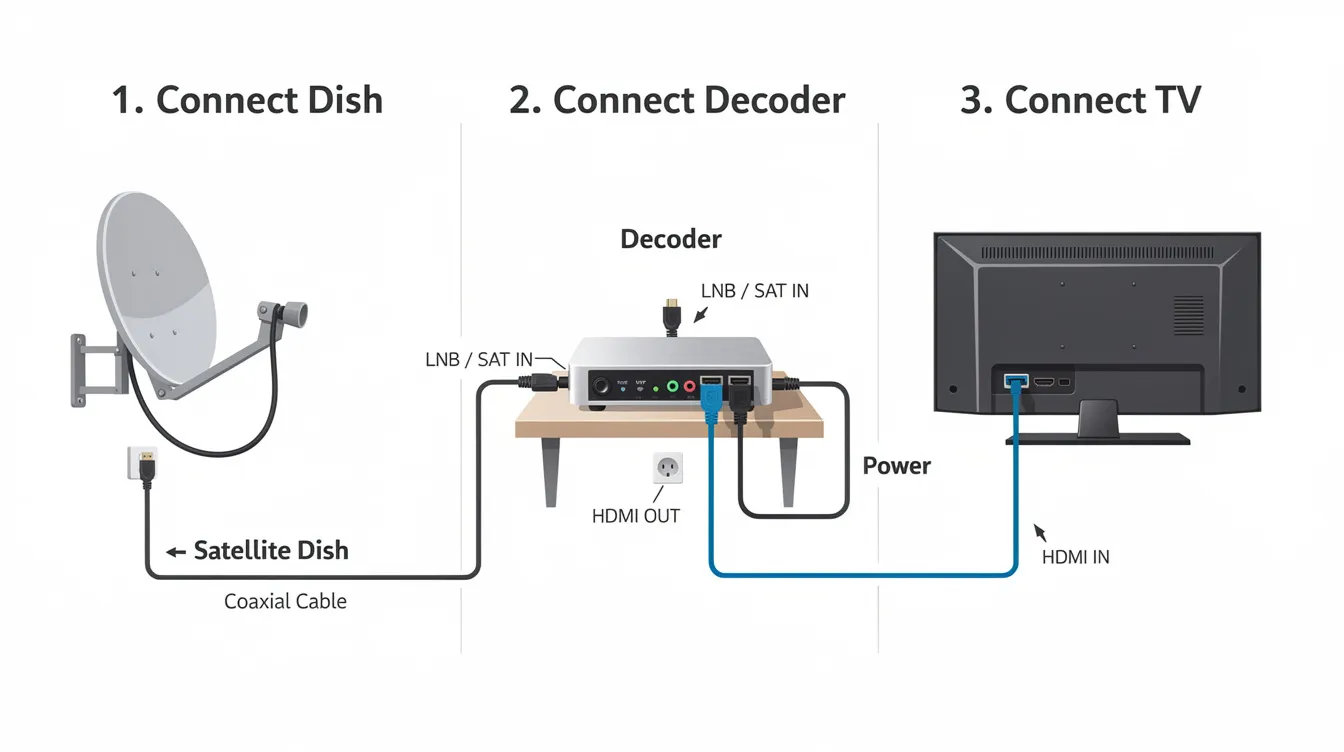 The image illustrates a step-by-step installation process for a DSTV decoder, highlighting the connections of an HDMI cable to the TV, a coaxial cable linking to the satellite dish, and a power supply connection to a power outlet. This setup is essential for ensuring optimal signal quality and access to channels on the DSTV HD decoder.