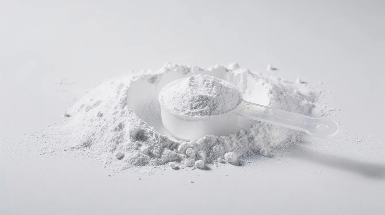 The image shows a white powder supplement, likely creatine monohydrate, alongside a measuring scoop on a clean surface. This dietary supplement is commonly used to enhance muscle mass and athletic performance, particularly during high-intensity workouts.