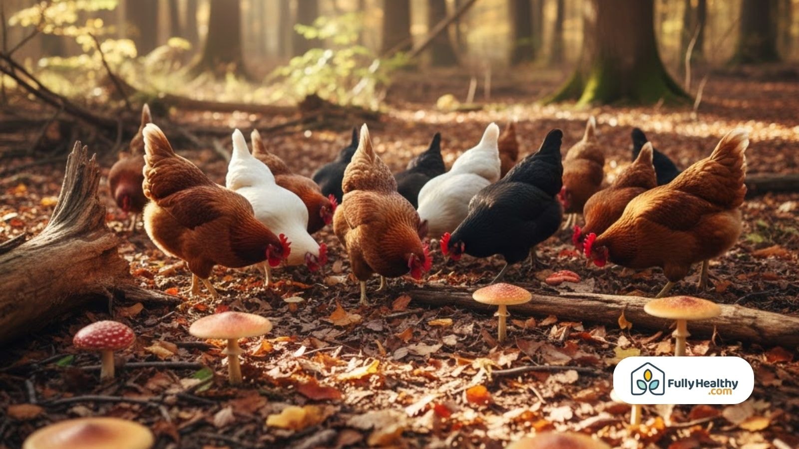 Chickens foraging near wild mushrooms in forest during daylight