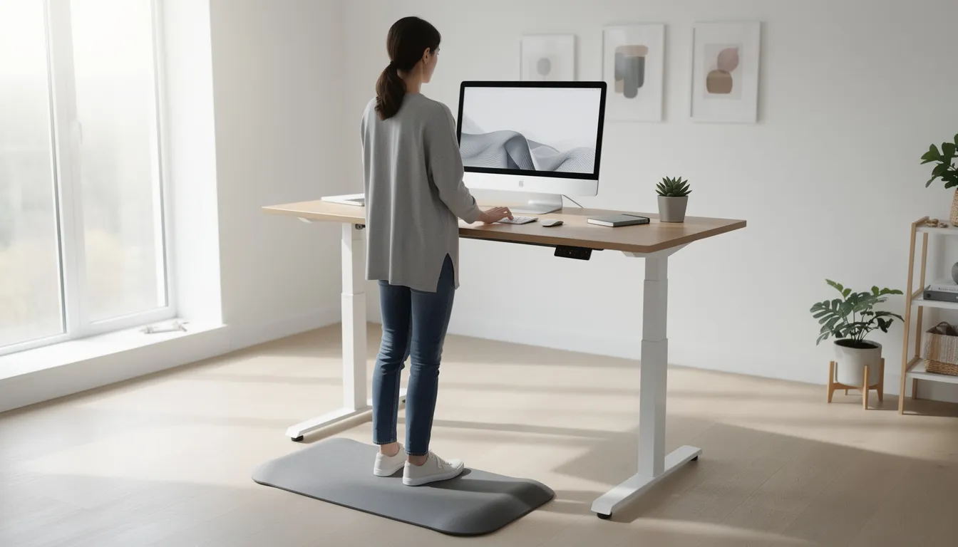 A person is working at a height-adjustable standing desk in a bright home office, surrounded by modern decor and office essentials. The clean design of the workspace maximizes surface space, featuring a computer, decorative items, and ample storage for papers and accessories.