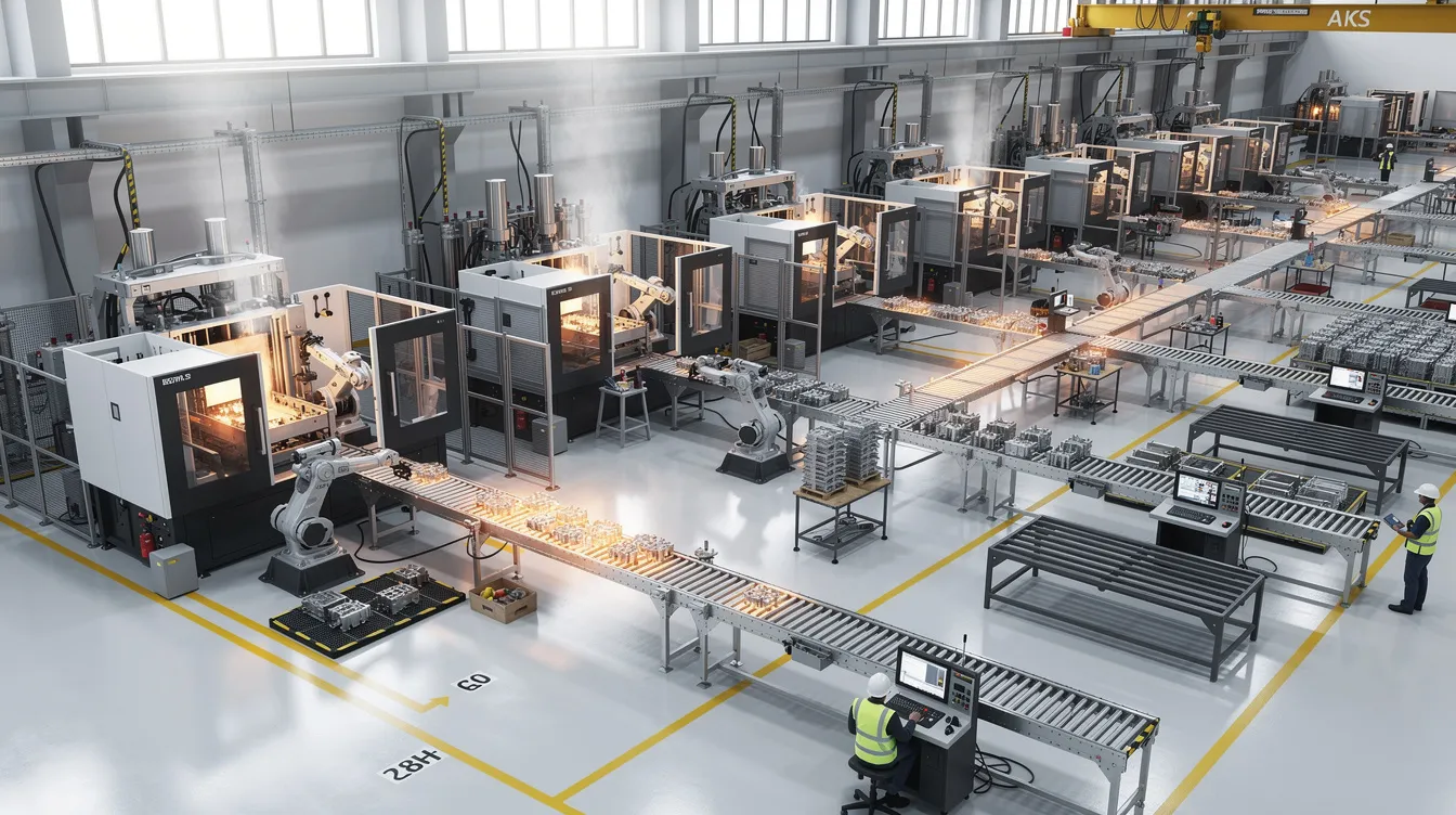 An overhead view of a modern aluminum die casting factory floor showcases multiple automated casting cells and conveyor systems, highlighting the advanced technology used in the aluminum die casting process for mass production. The layout emphasizes efficiency in the die casting production, with casting machines and equipment designed for high precision and stable quality in manufacturing aluminum components.