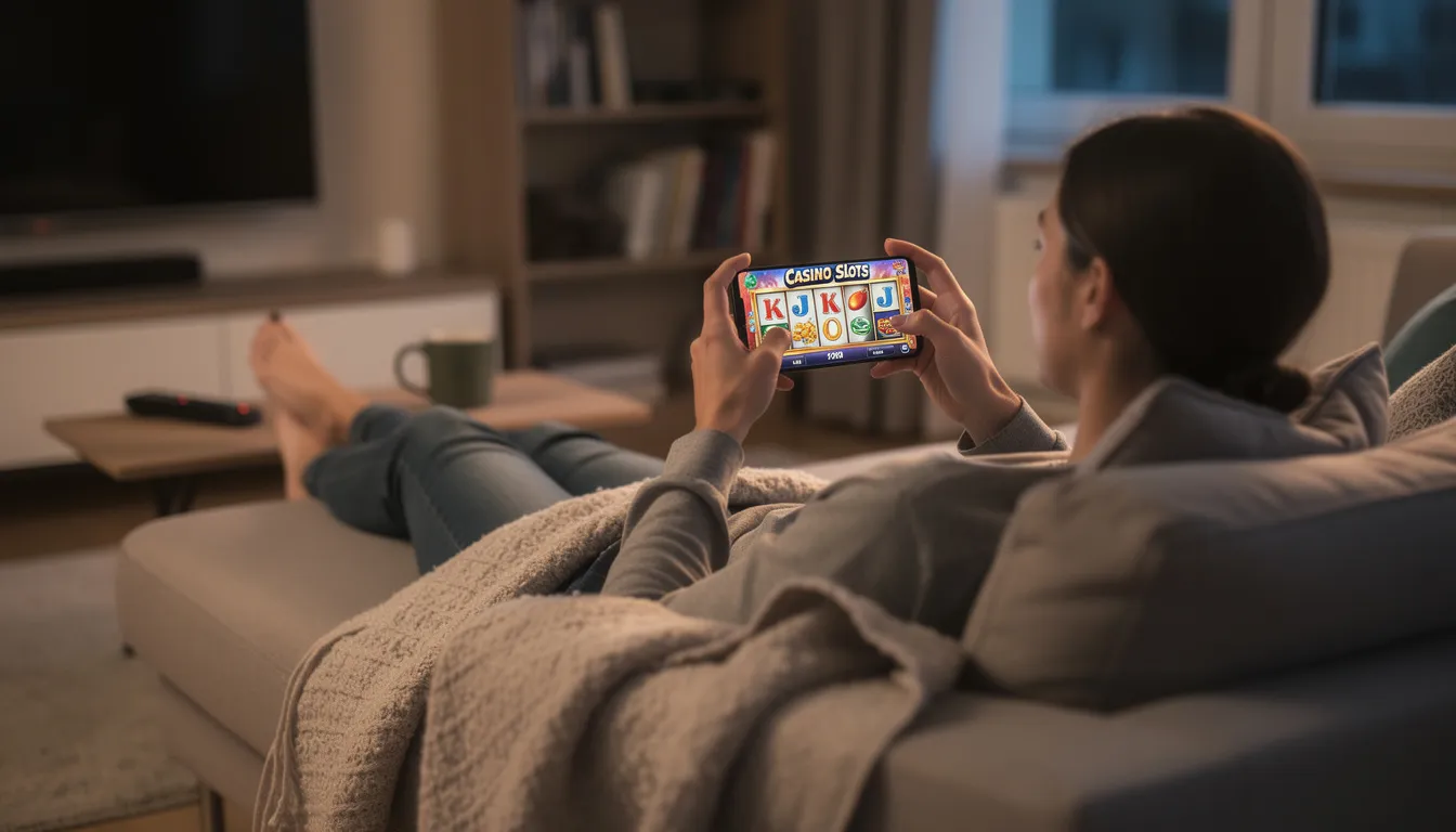 En person sitter avslappnat på en soffa och spelar ett mobilcasino-spel på sin smartphone, där de kan vinna jackpots och free spins. Skärmen visar en färgglad grafik med inslag av populära spel som "Gonzo's Quest Megaways" och "Piggy Riches Megaways".