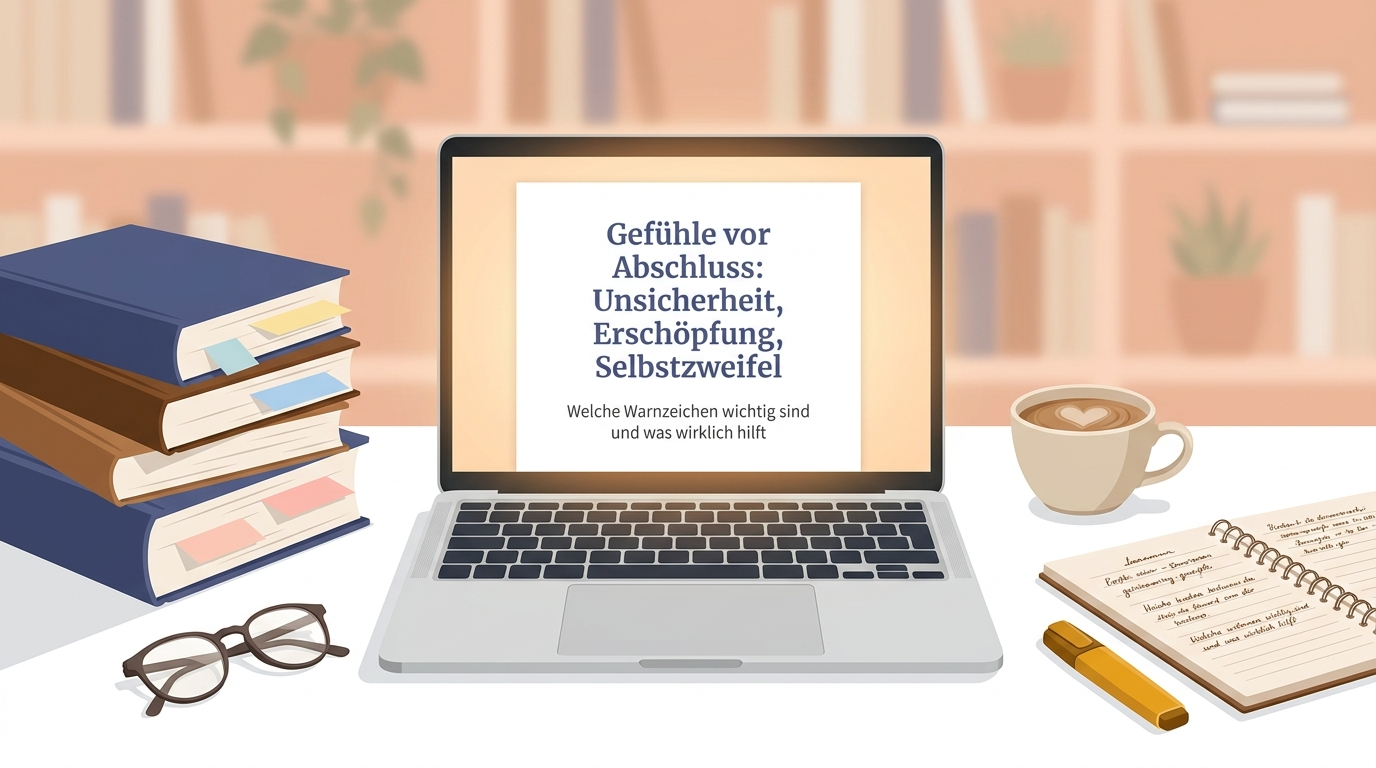 Illustration zum Studienabschluss mit Laptop, Büchern und Kaffeetasse; auf dem Bildschirm stehen Unsicherheit, Erschöpfung und Selbstzweifel vor dem Abschluss.