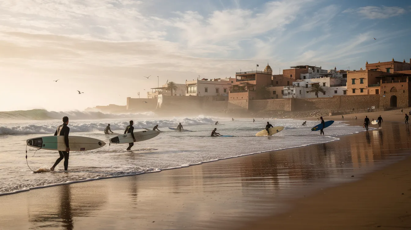 The image depicts surfers riding waves on a breezy Atlantic beach near a Moroccan coastal town, with the sun shining brightly overhead. The scene captures the vibrant atmosphere of outdoor activities in Morocco during early March, characterized by pleasant temperatures and a lively beach environment.