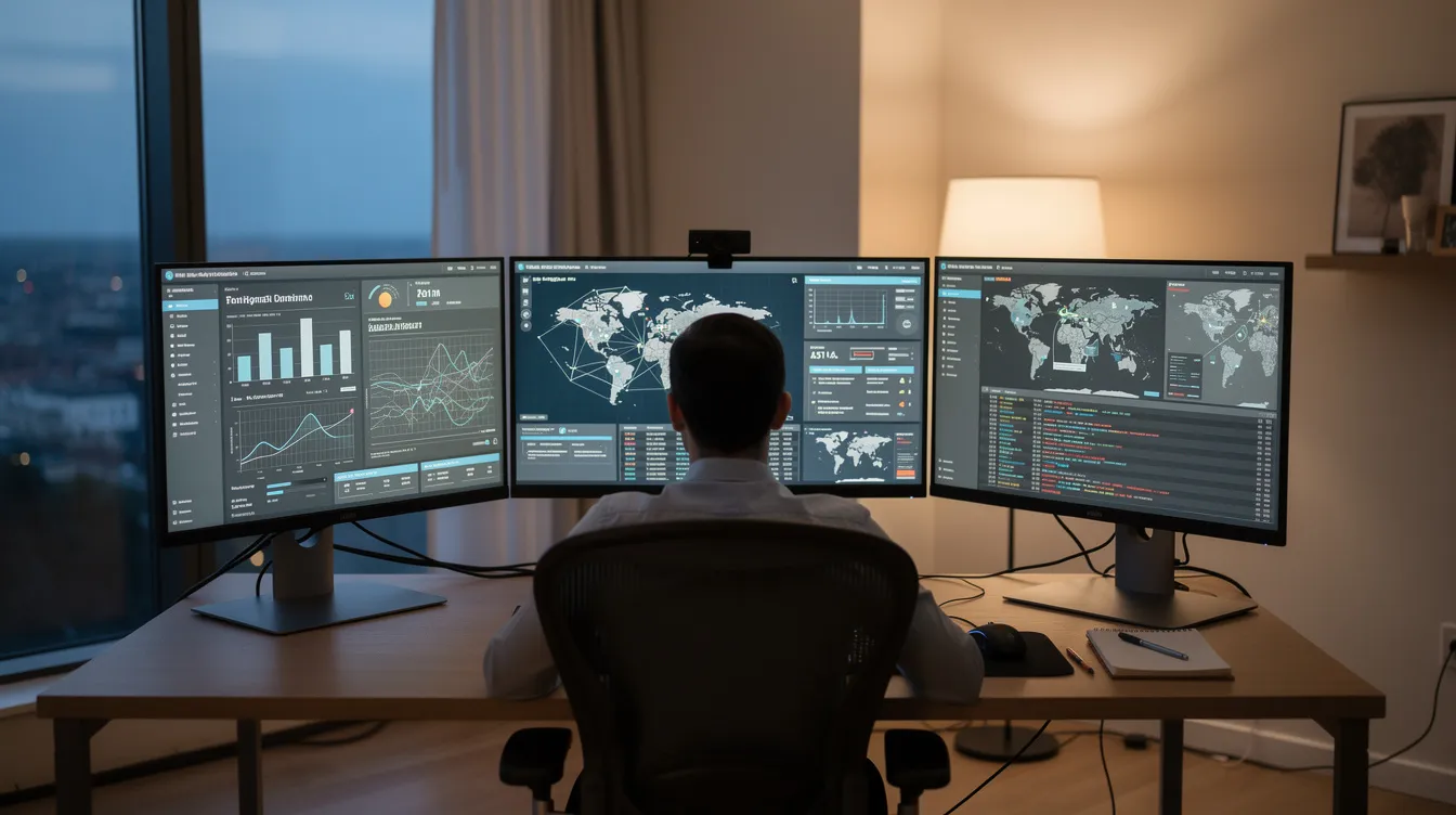 A professional is seated at a home office desk, surrounded by multiple monitors displaying various cyber security dashboards, showcasing real-time data related to incident management and vulnerability assessments. This remote opportunity highlights the importance of strong communication skills and a deep understanding of information security practices in the field of cyber security jobs.