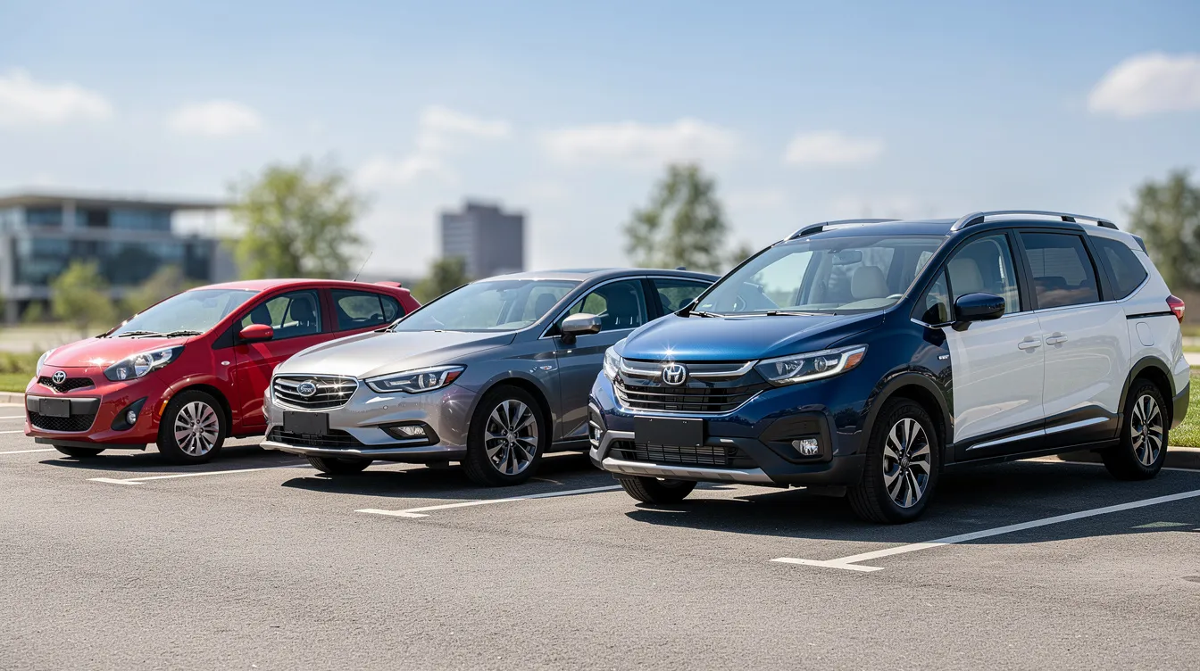 Un parcheggio soleggiato ospita diversi tipi di auto parcheggiate in fila, tra cui citycar, berline, SUV e minivan, offrendo una varietà di opzioni per chi desidera noleggiare un veicolo. Le auto sono disposte ordinatamente, pronte per essere ritirate o riconsegnate dai conducenti.