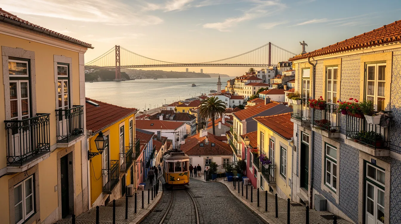 Imagem de Lisboa, Portugal, mostrando o centro histórico da cidade com o icônico Mosteiro dos Jerónimos ao fundo, rodeado por flores e árvores do jardim botânico. A cena captura a vida vibrante dos passeios, com pessoas desfrutando de um pastel de nata em uma das praças, enquanto o Rio Tejo brilha ao sol.