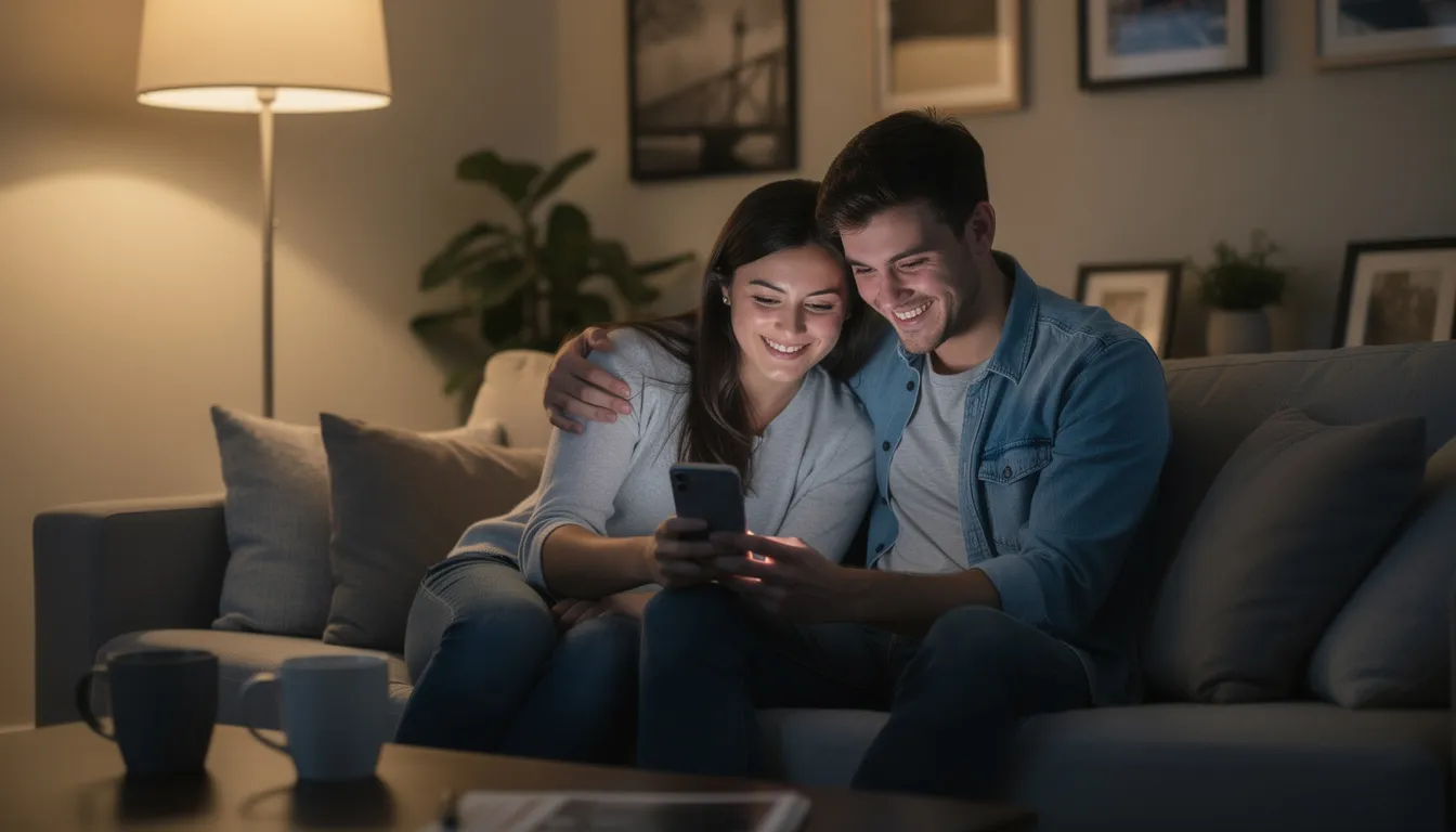 A young couple sits closely together, smiling as they look at a smartphone screen, likely engaging with a fun love compatibility test or calculator. Their expressions convey joy and connection, suggesting a light-hearted moment in their relationship.