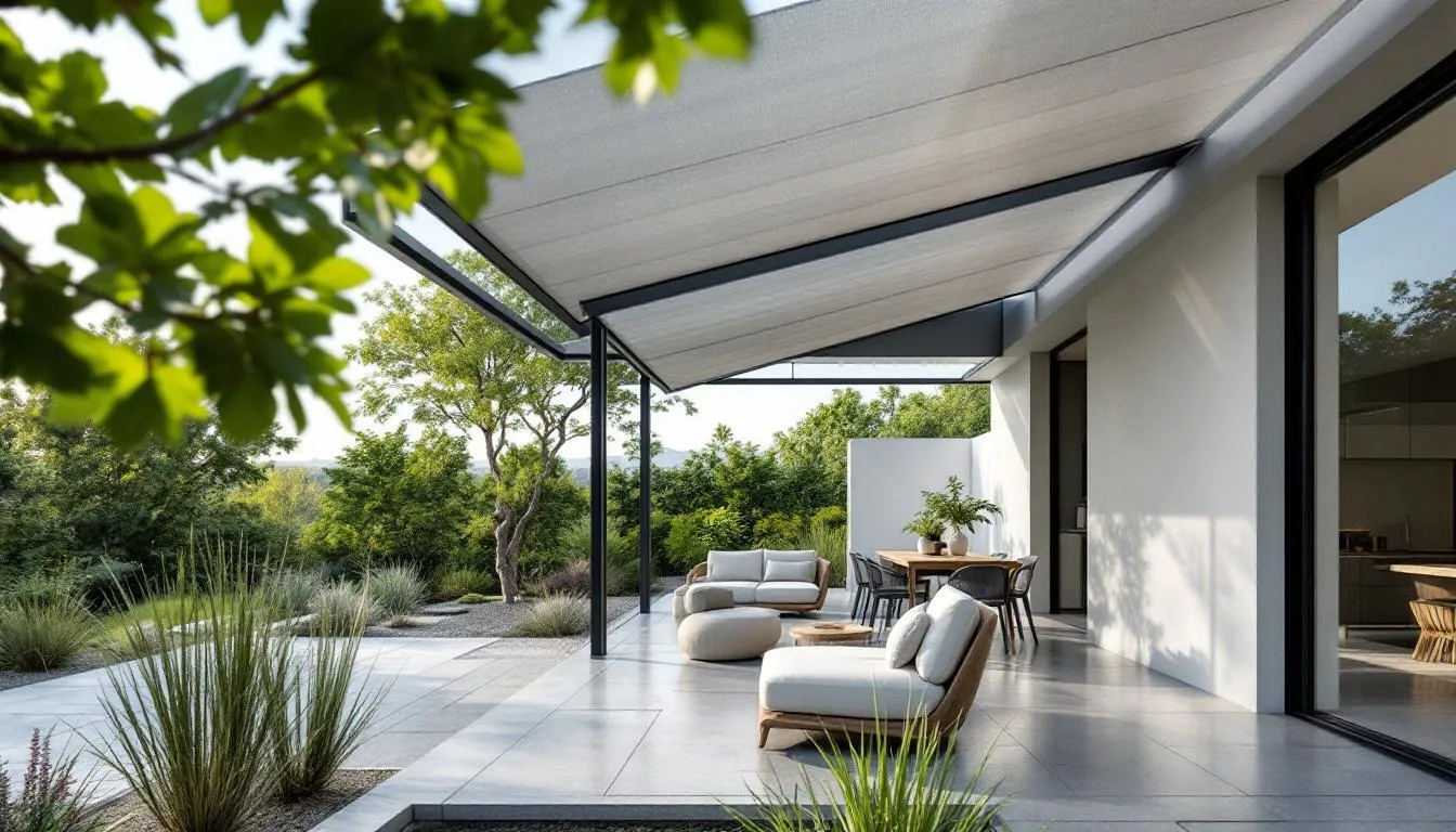 An outdoor area with exterior solar screen shades providing heat protection.