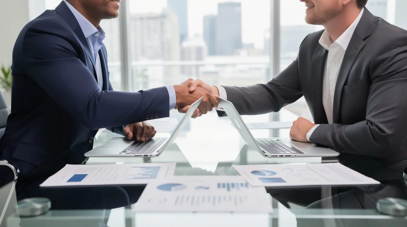 The image depicts two professionals shaking hands across a conference table, symbolizing a successful engagement in the consulting industry. Laptops and documents are visible, representing the strategic planning and expert advice that management consultants provide to client organizations.
