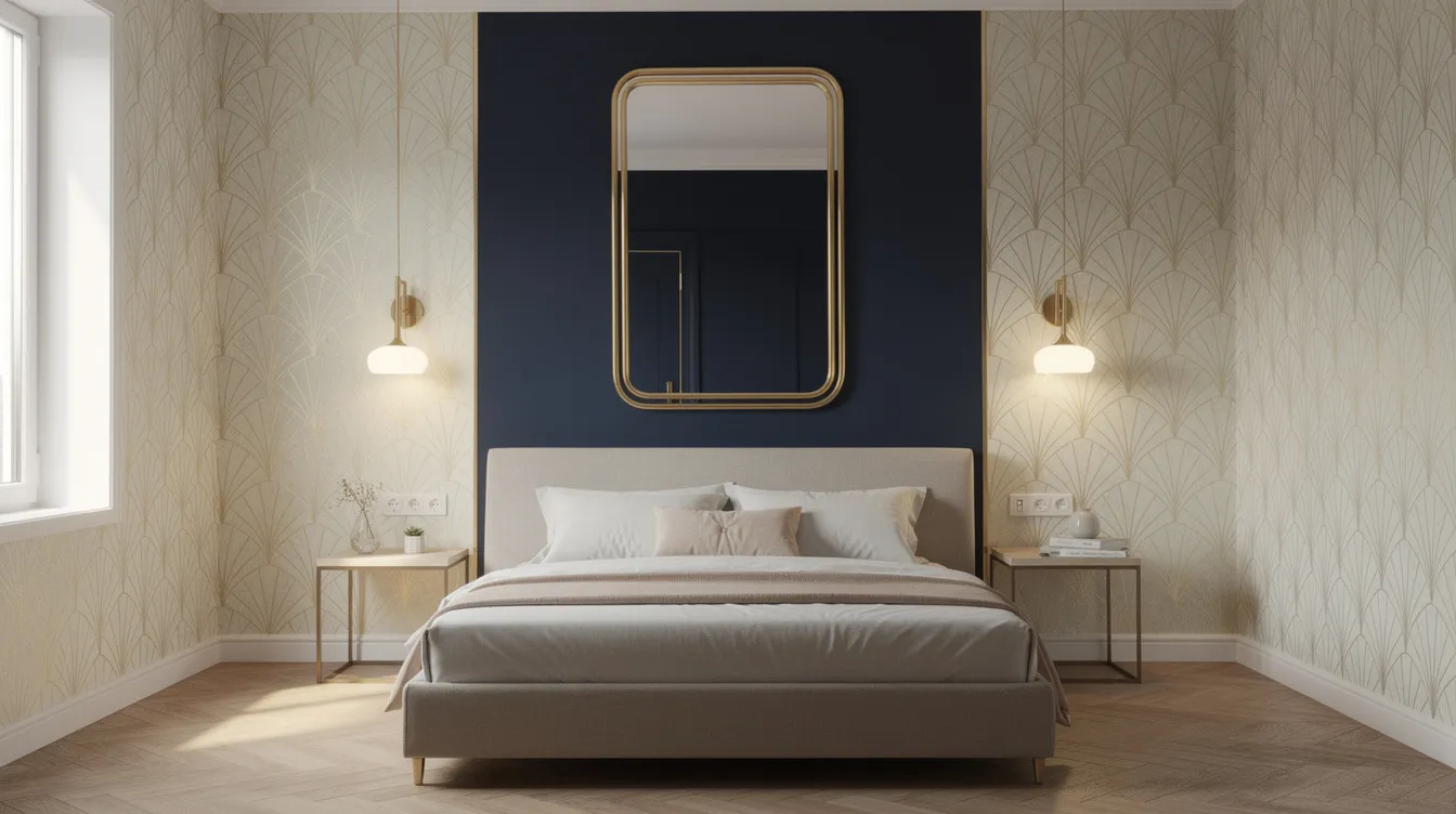 Een slaapkamer met een donkerblauwe accentmuur, versierd met art deco behang met een elegant waaierpatroon. De gouden ronde spiegel en luxe meubels geven de ruimte een glamoureuze uitstraling, typerend voor de art deco stijl.