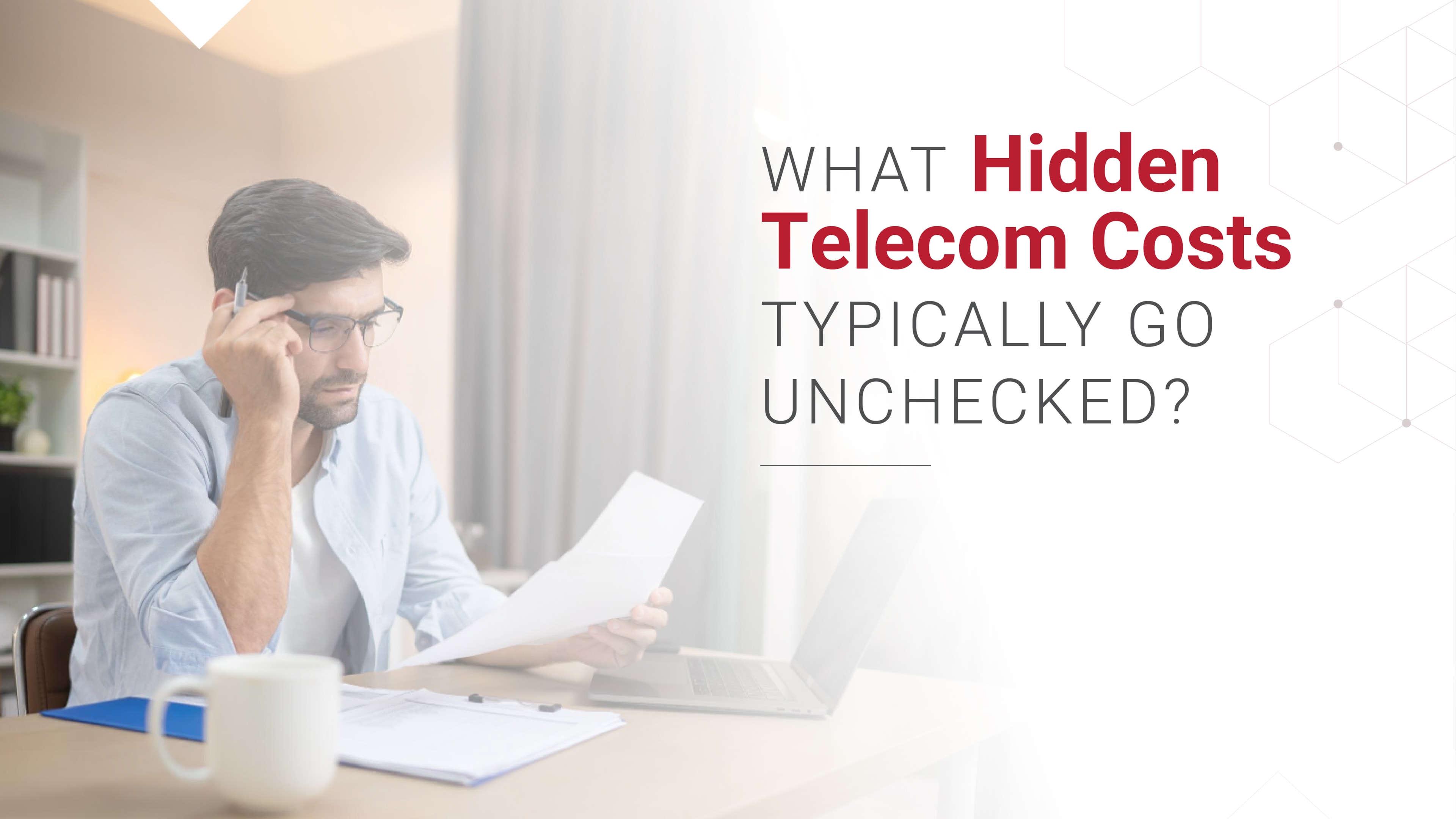 A person manually managing telecom expenses, sorting through piles of paper to identify billing errors while looking very stressed.