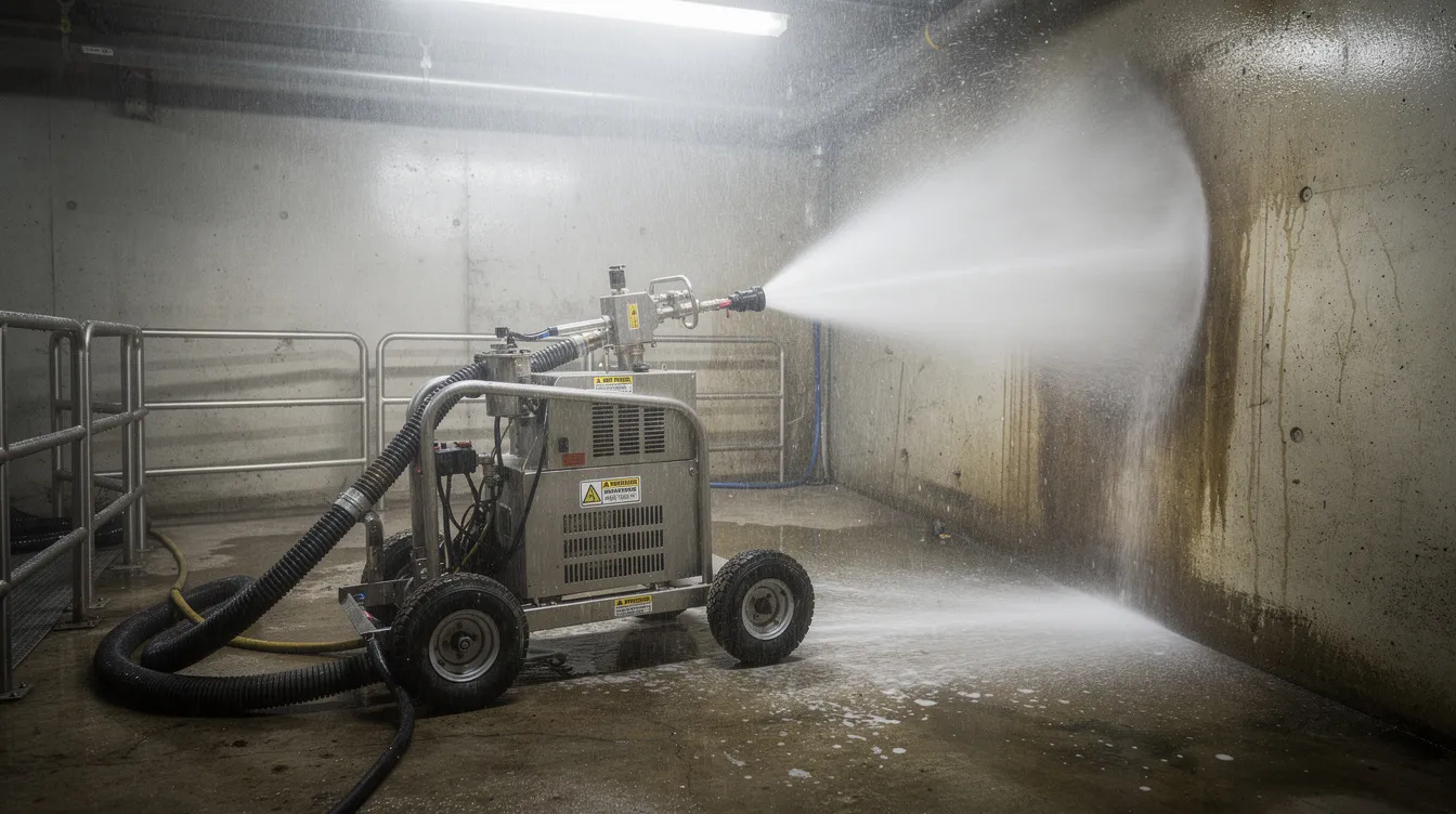 The image shows high-pressure water jet cleaning equipment actively spraying water in an enclosed space, illustrating the professional water tank cleaning process. This specialized equipment is essential for maintaining water quality and ensuring a safe and healthy environment by removing harmful bacteria and sediment buildup from water tanks.