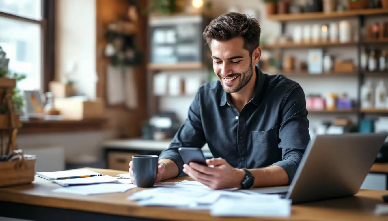 A local business owner is managing their Google Business Profile on a mobile device, ensuring accurate information and engaging with customers through reviews and posts. This activity helps the business appear in relevant searches and connect with more customers in local results.