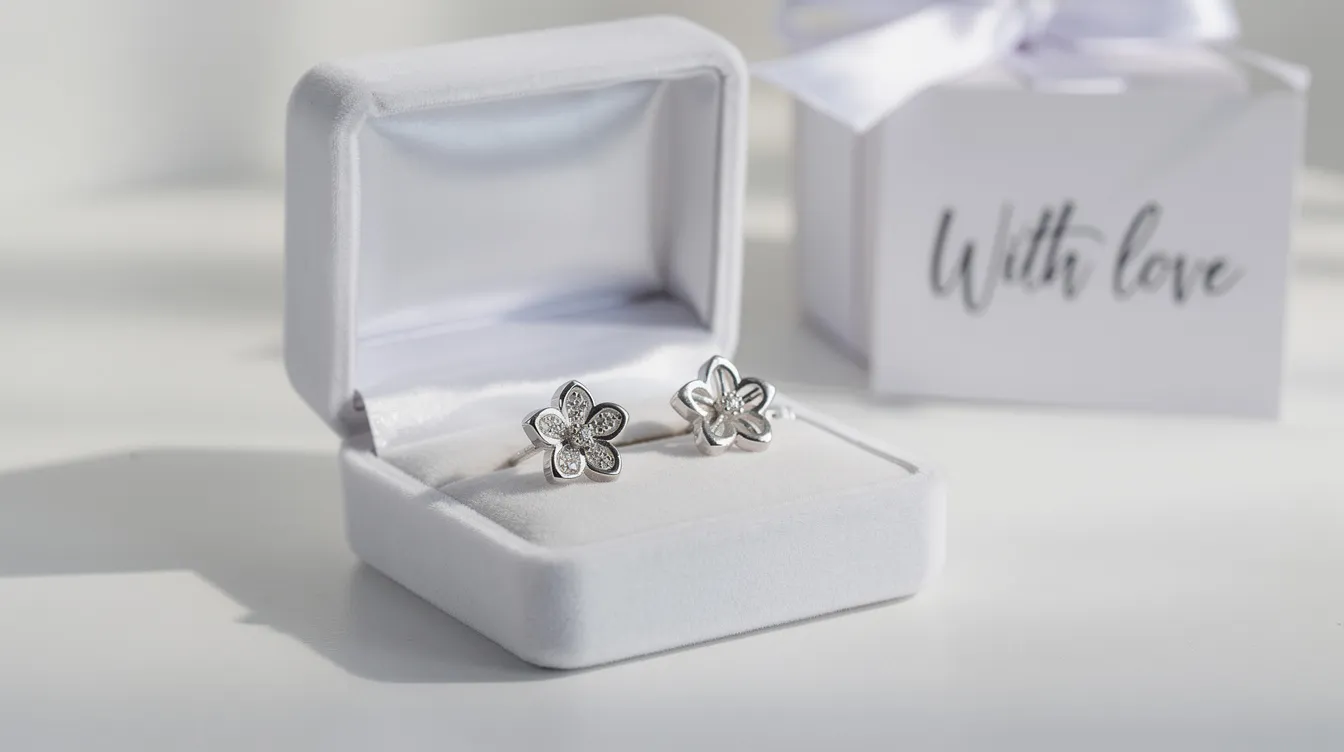 The image features elegant sterling silver stud earrings designed in the shape of flowers, adorned with sparkling cubic zirconia gemstones. These beautiful silver earrings are perfect for adding a touch of sophistication to any jewellery collection or as a thoughtful gift for special occasions.