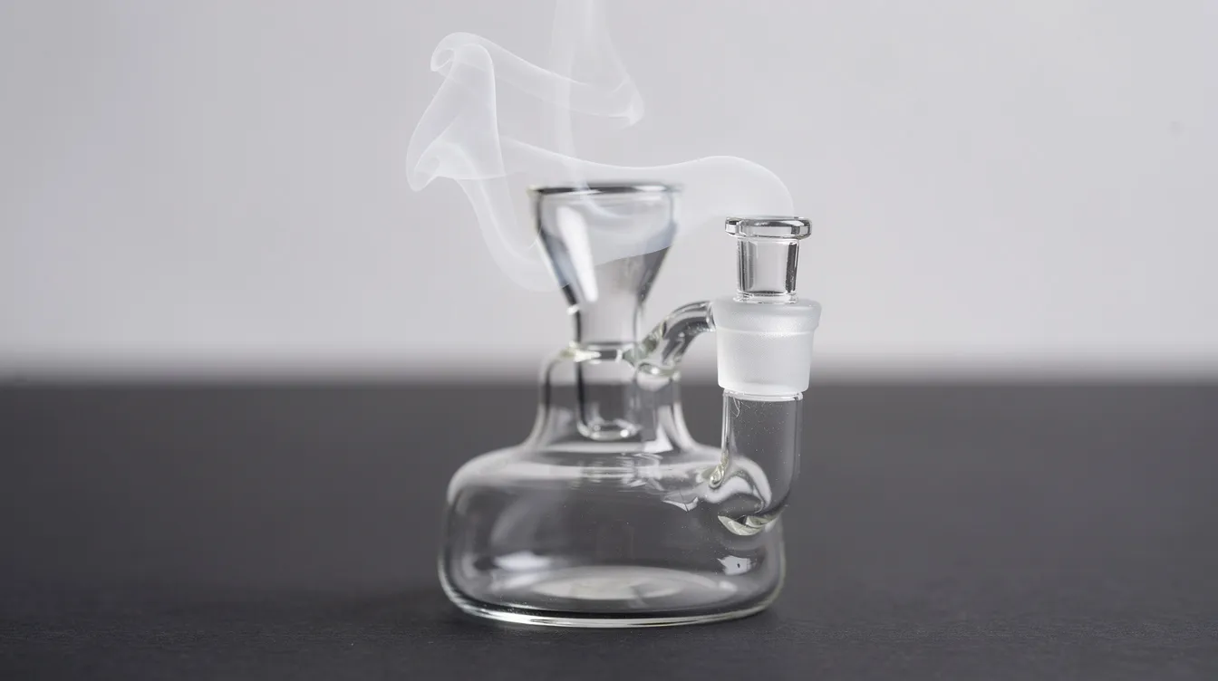 A close-up view of a glass dab rig showcases clean vapor rising from the heated banger, highlighting the concentrated nature of cannabis extracts. The image emphasizes the efficient consumption method used by CBD users to enjoy potent cannabinoids while minimizing harmful byproducts.
