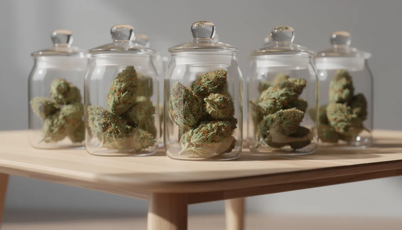 Auf einem minimalistischen Holztisch stehen elegante Glasgefäße mit hochwertigen Cannabis-Blüten, die in Bio-Qualität präsentiert werden. Diese CBD-Blüten sind Teil eines Angebots im CBD-Shop, das sich durch Transparenz und Nachhaltigkeit auszeichnet.