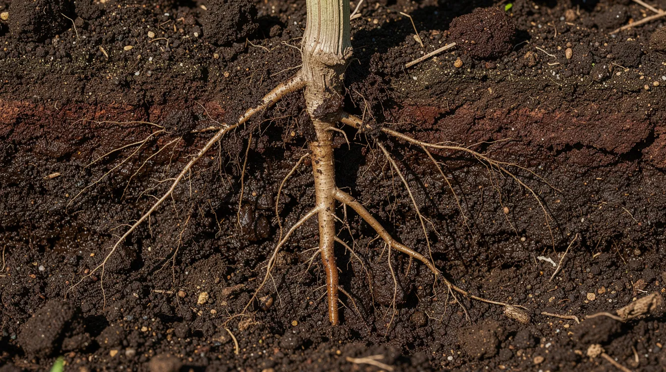 A close-up photograph showcases dark, rich alluvial soil with a fine silt texture, revealing a young grapevine root system nestled within the earth, emphasizing the fertile soils of the Clarksburg wine country. This image highlights the essential connection between the land and the quality of the award-winning wines produced in this historic region.