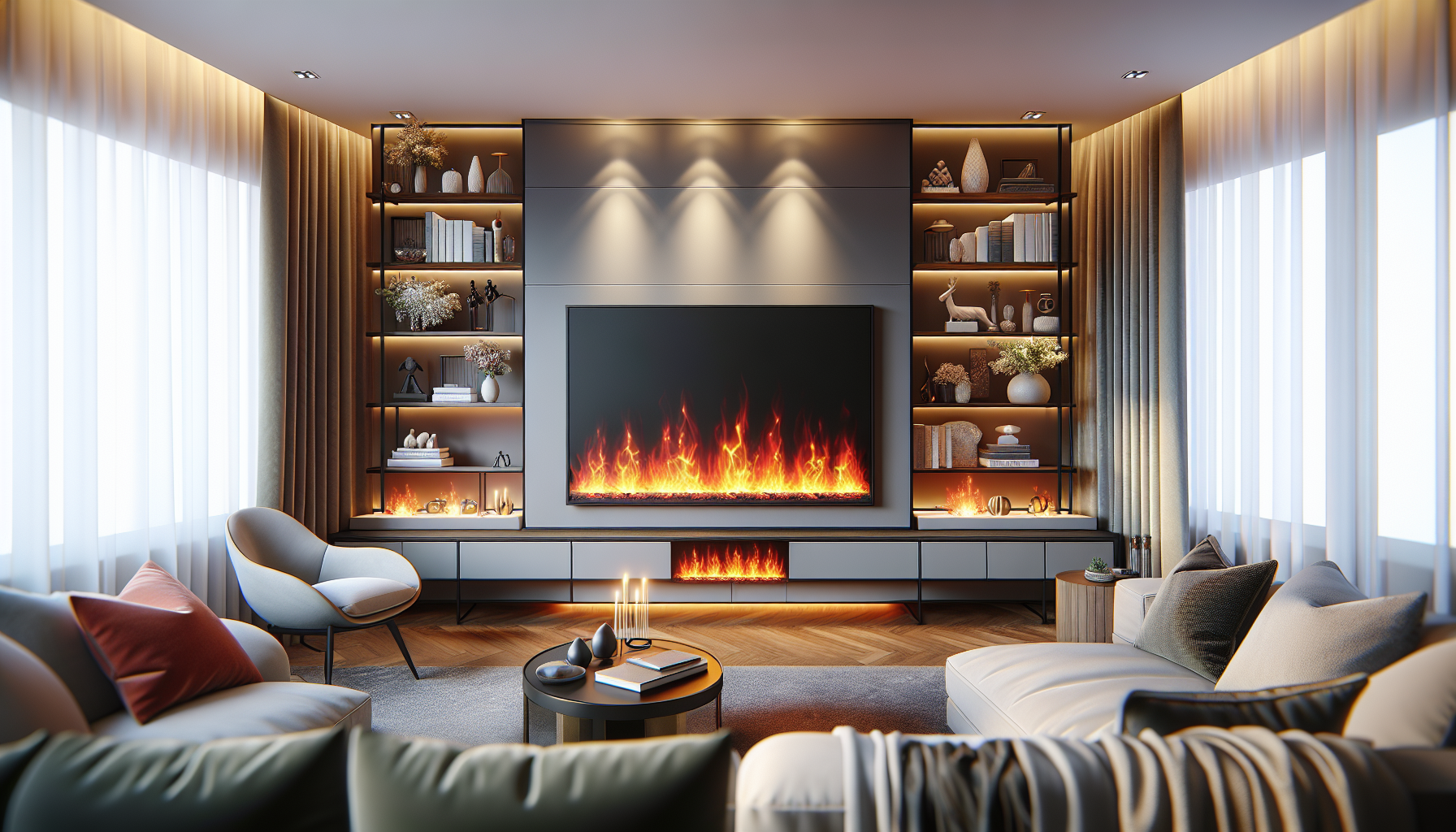 A media wall fireplace integrated with a modern living room setup.