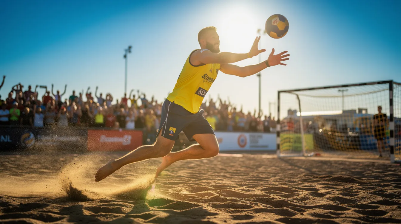 Ein Beach-Handball-Spieler springt über das sandige Spielfeld und fängt in der Luft einen Ball, während die Sonne scheint und das Publikum im Hintergrund jubelt. Diese beeindruckende Ballannahme zeigt die Sprungkraft und Technik des Handballspielers, der Teil eines spannenden Spiels ist.