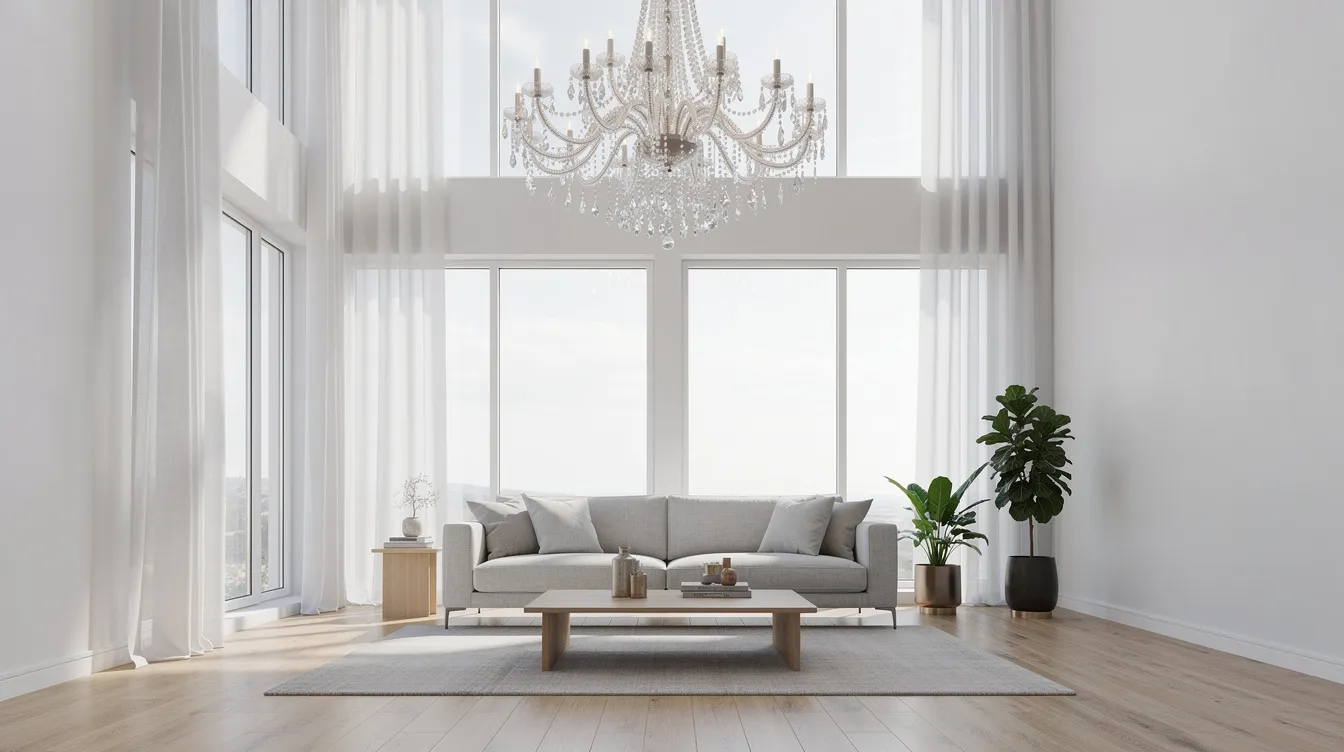En elegant kristallkrona hänger ned från taket i ett ljust vardagsrum med högt i tak, vilket ger en vacker belysning och en modern känsla till rummet. Ljuskronan i glas och mässing är en perfekt inredningsdetalj som passar både klassisk och modern stil.