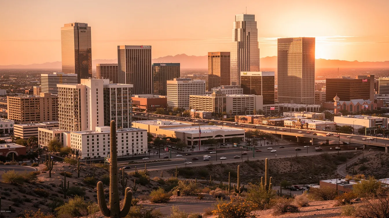 The image depicts the downtown skyline of Phoenix, Arizona, bathed in warm desert light during the golden hour, showcasing tall buildings and a vibrant atmosphere. This scene reflects the growth and vision of the city, symbolizing the unwavering commitment and discipline of its business community.