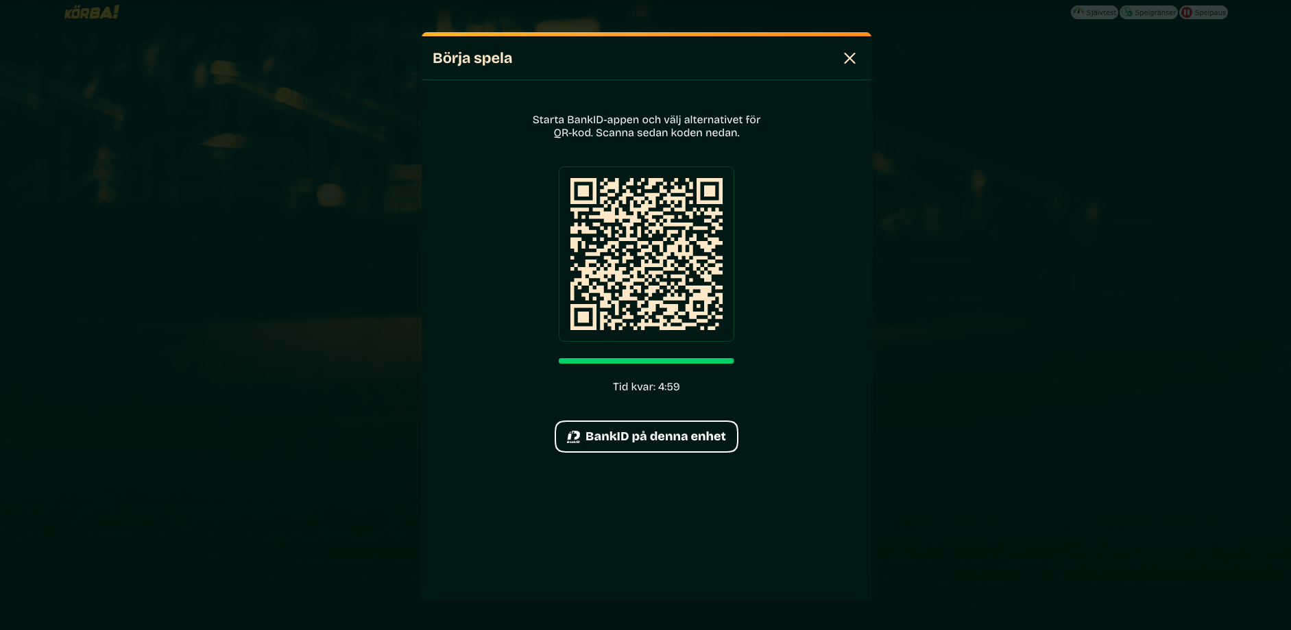 Inloggningsruta hos Körba med QR-kod för identifiering via BankID.