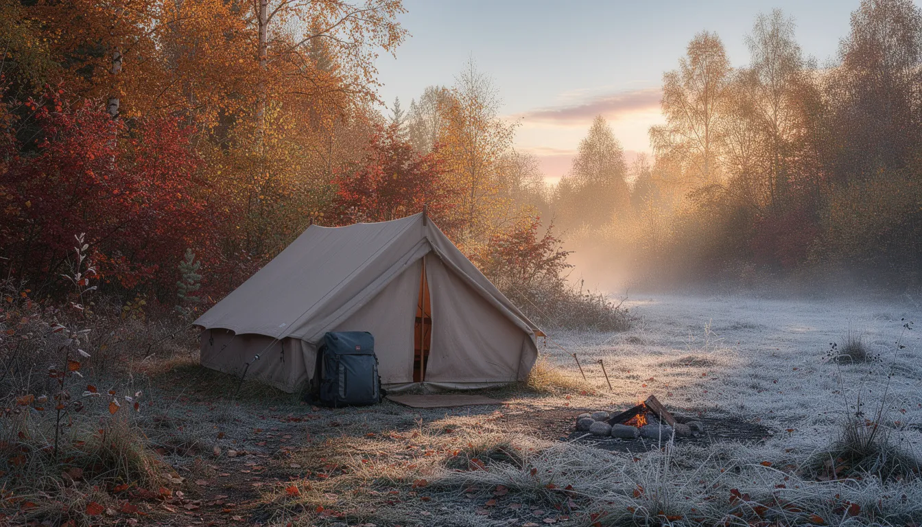 A cozy tent is pitched amidst vibrant fall foliage, with a layer of frost covering the ground in the early morning light, creating a serene camping scene perfect for a night outdoors. The colorful leaves and crisp air enhance the experience of this classic autumn setting.