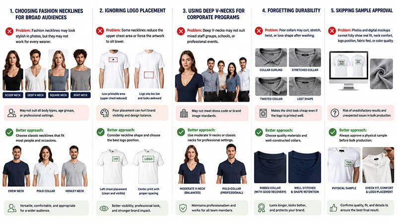 Common mistakes when choosing shirt necklines, including wrong neckline style, poor logo placement, weak collar durability, and skipped sample approval.