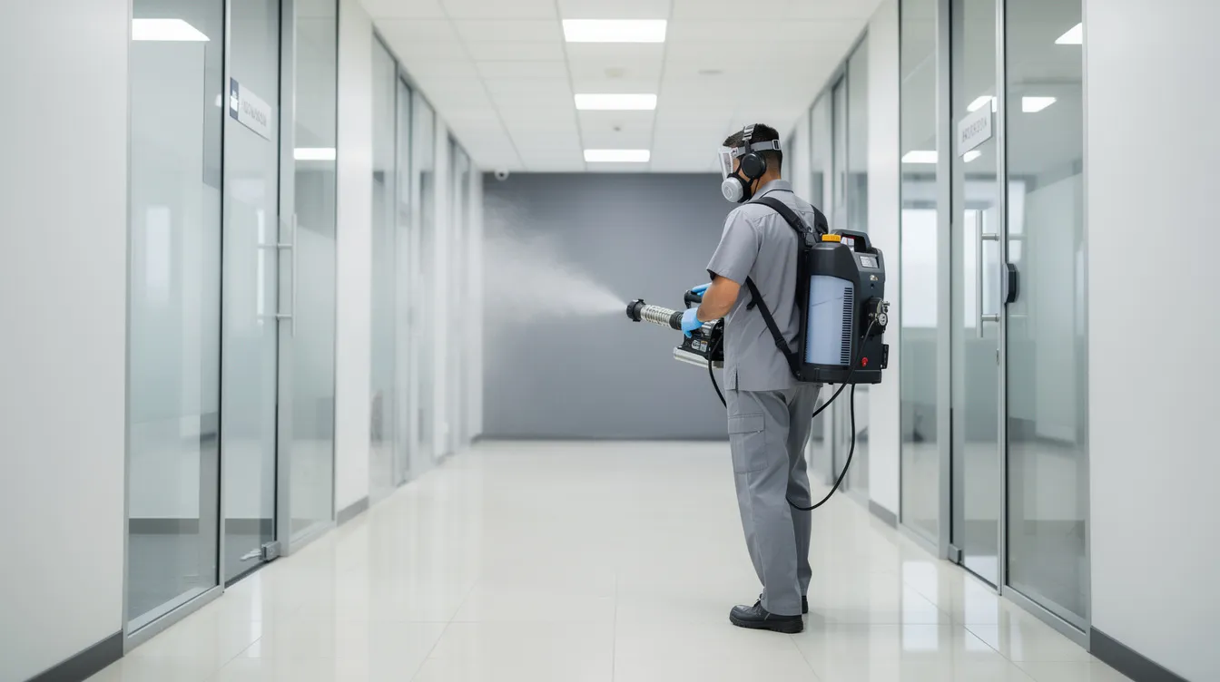 A cleaning professional is using a fogging machine to disinfect the empty office hallway, ensuring thorough sanitization of surfaces to prevent the spread of germs and viruses. This disinfection service is crucial for maintaining a safe environment in commercial spaces, especially during the ongoing concerns related to the coronavirus pandemic.