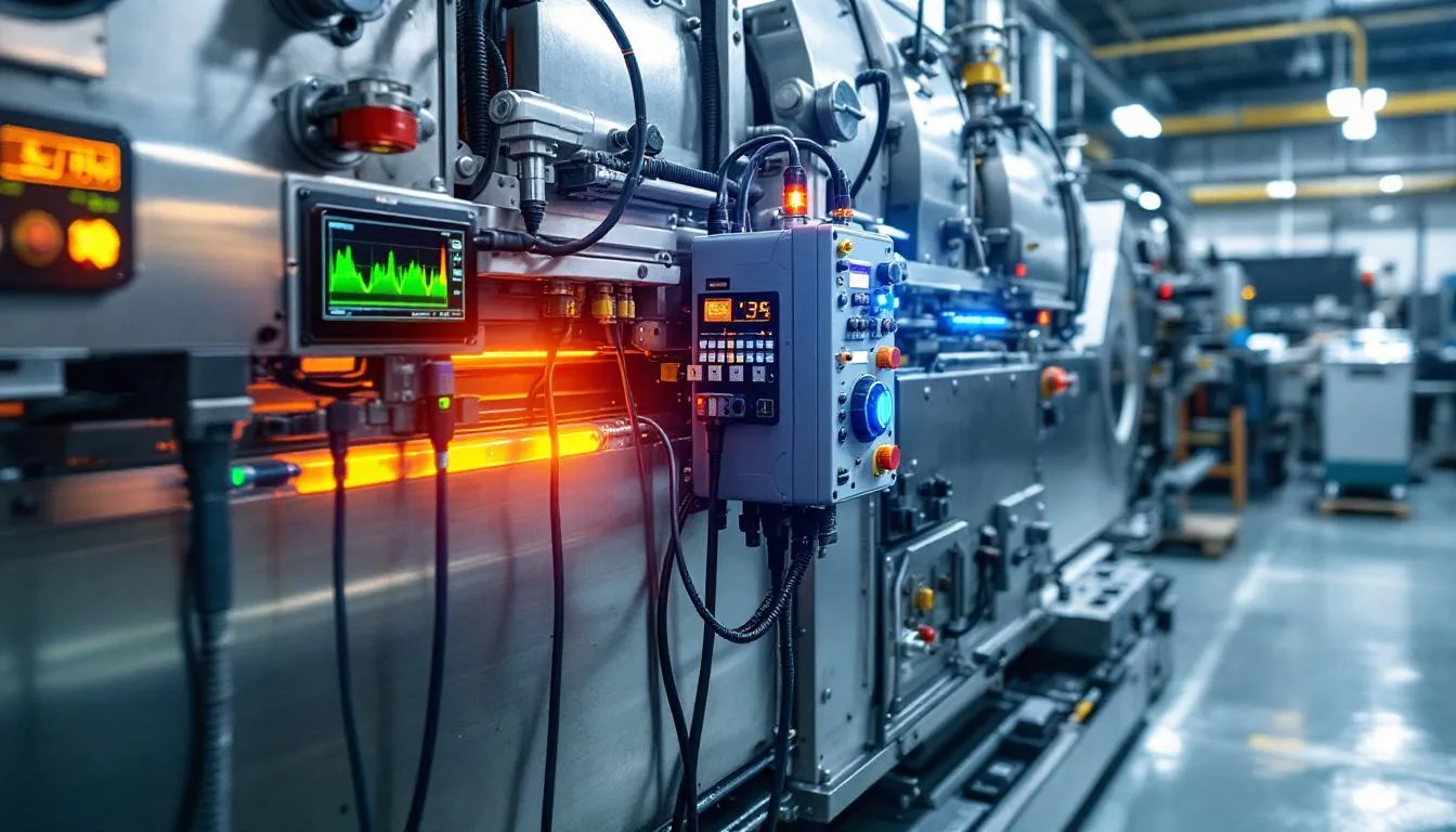 The image depicts industrial machinery equipped with vibration sensors and thermal monitoring devices, illustrating the integration of advanced technologies for predictive maintenance in the manufacturing industry. This setup exemplifies a data-driven approach, enhancing operational efficiency and enabling proactive maintenance strategies through real-time data analytics.