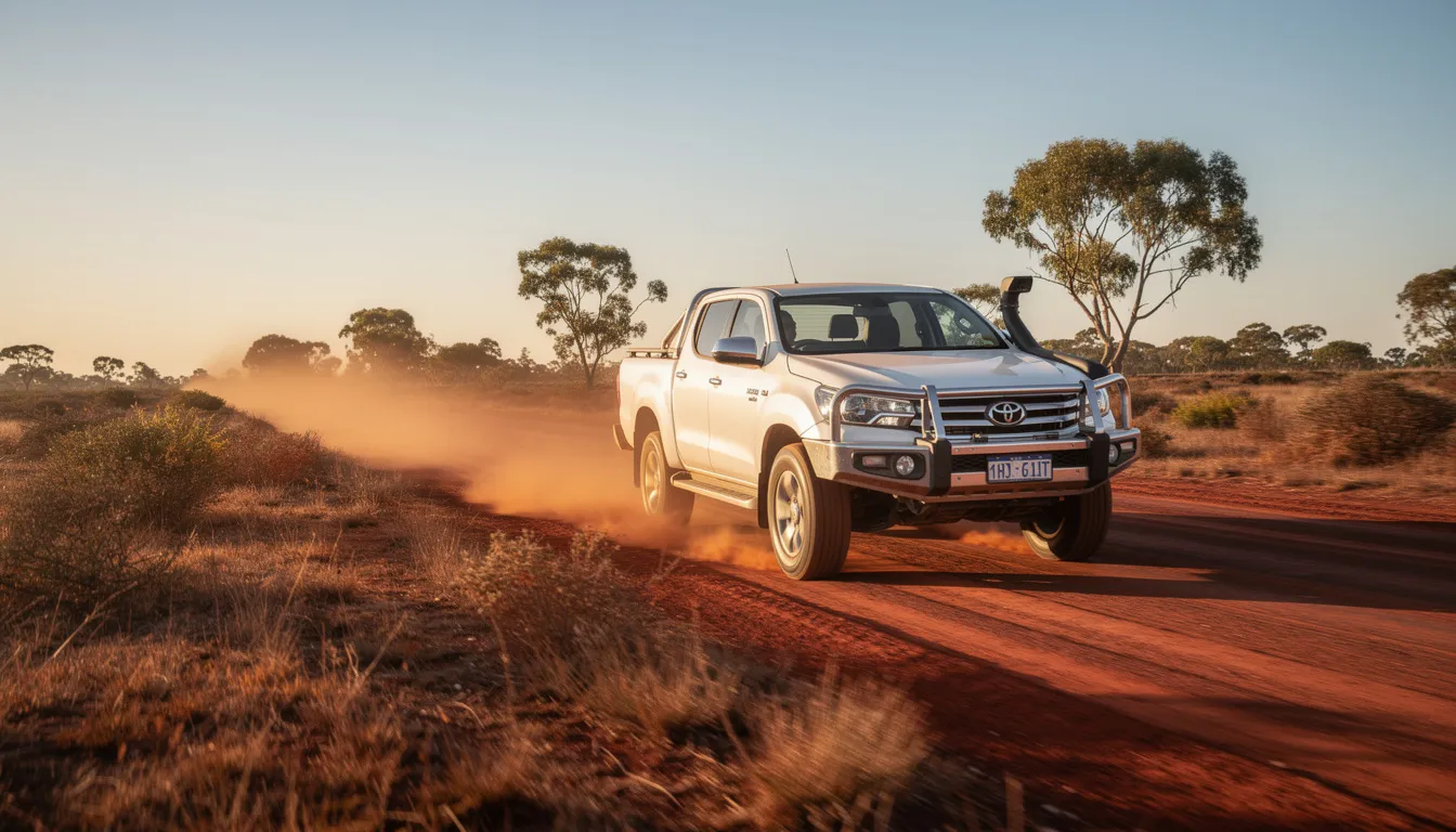 A white ute is driving along a dusty rural road in the Australian countryside, surrounded by vast fields and sparse vegetation. This scene captures the essence of rural life, where personal property, including vehicles like this used car, plays a vital role in daily activities.